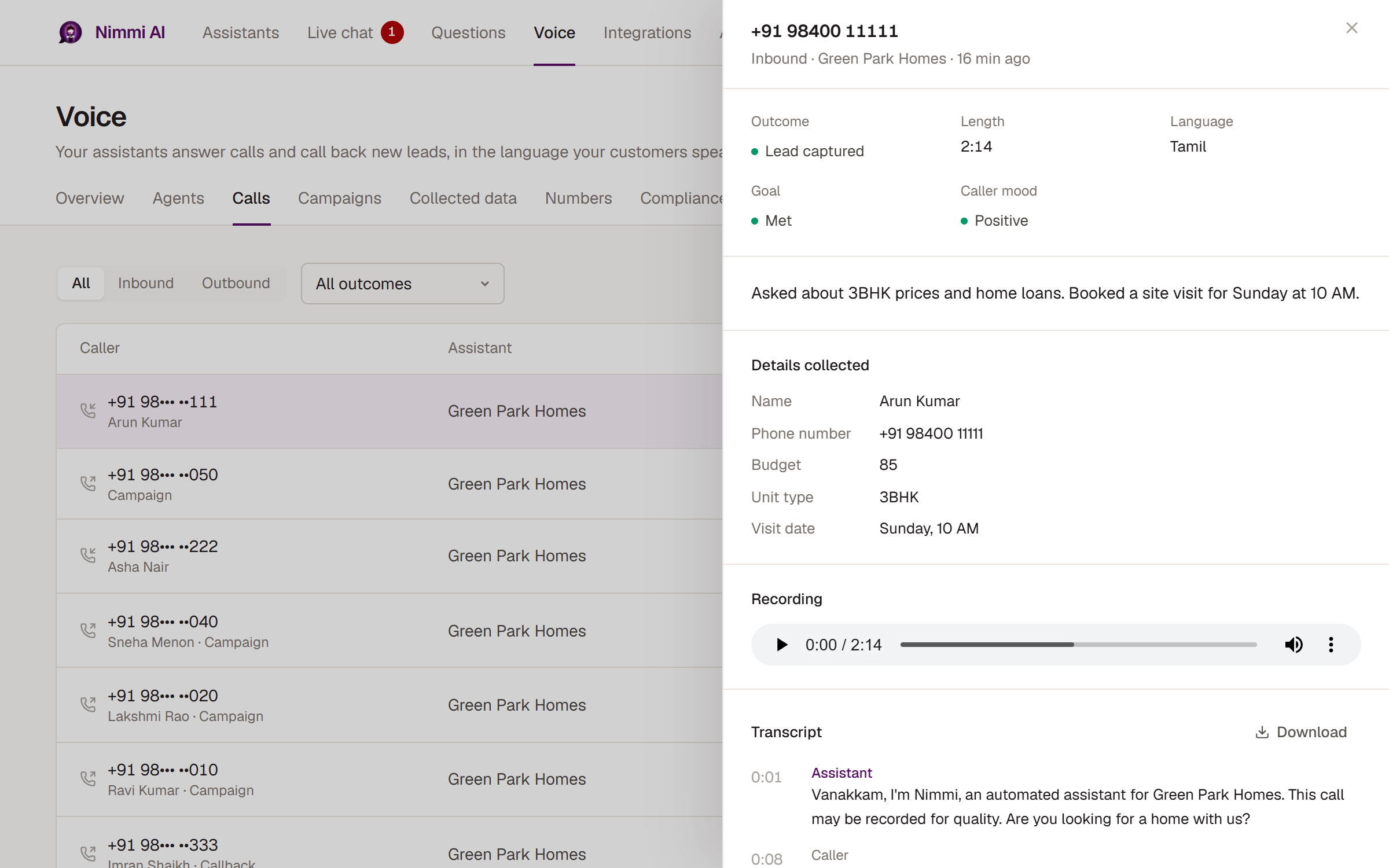 A call opened in the Calls page, showing its summary, collected details and transcript